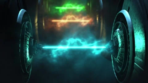 Dynamic technology emitting three vivid lazer pulses on a dark gradient Stock Footage 303321571