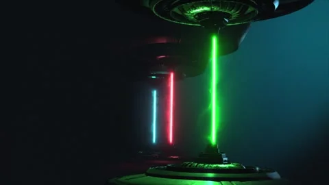 Dynamic technology emitting three vivid lazer pulses on a dark gradient Stock Footage 303321572