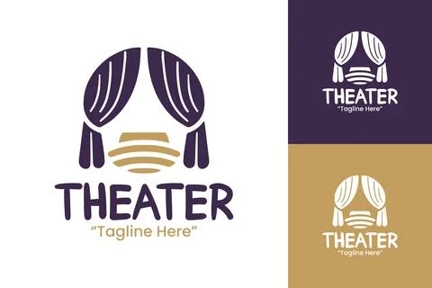 Dynamic Theater Logo Featuring Curtains and Sound Waves (Purple and Gold) Stock Illustration