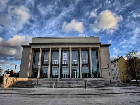 Dynamic time lapse in the center of Brno, view of theater Stock Footage 72730592