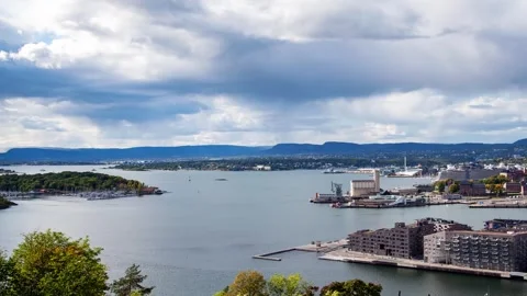 Dynamic Time-lapse of Oslo Bay Landscape with Boats and Scenic Cityscape Stock Footage 308194884