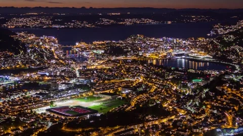 Dynamic Timelapse of Bergen's Night Lights and Coastal Cityscape Stock-Footage 308198392