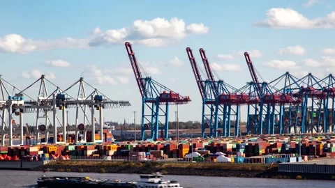 Dynamic Timelapse of Hamburg Container Port with Cranes and Ships Stock Footage 309572213