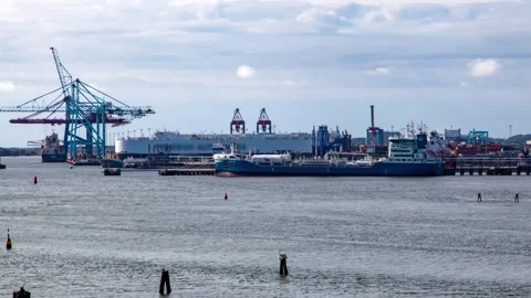 Dynamic Timelapse View of Gothenburg Harbor Featuring Container Ships Stock Footage 308201725