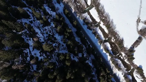 Dynamic Top-Down Drone Movement Over Snowy Forest and Mountain Path in S Vídeo Stock 337016026