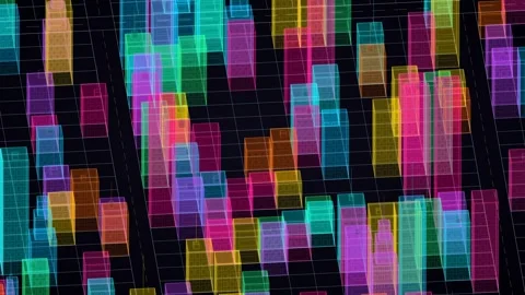 Dynamic translucent colorful 3d blocks rotating, loopable digital grid Stock Footage 337891680