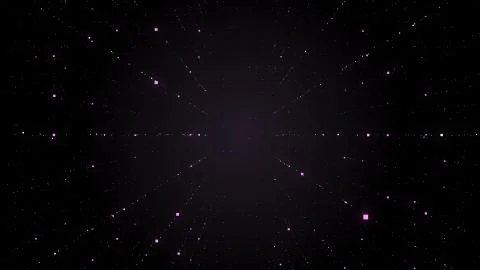 Dynamic transparent violet square particles motion through the black space. Stock Photos