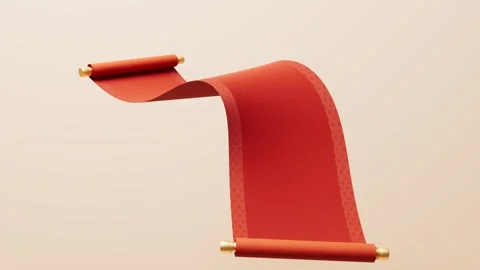 Dynamic unrolling red scroll with golden elements floating against beige ba.. Stock Footage 327524520