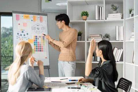 Dynamic UX UI design presentation with team brainstorming and visual planning. Stock Photos