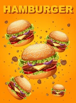 Dynamic vector graphic of multiple layered cheeseburgers with sesame buns flo Stock Illustration