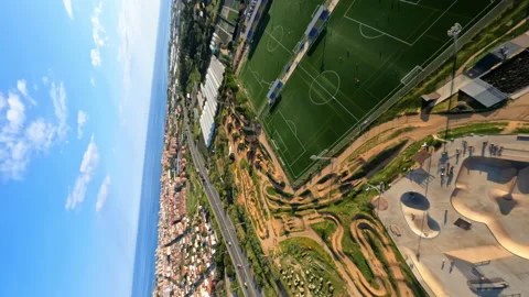 Dynamic vertical fpv view around Lapoma bike park in Premia de Dalt, Spain Stock Footage 232727786