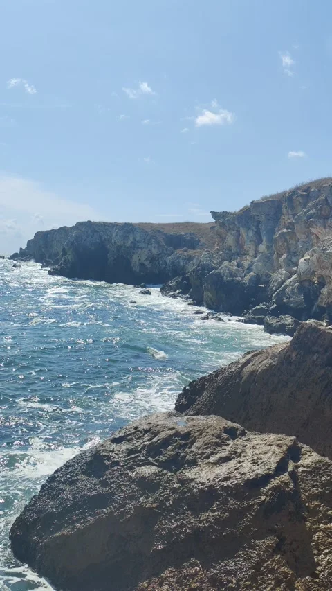 Dynamic Vertical Shot of Waves Crashing on Cliffs – Black Sea Scenic View Stock-Footage 296745769