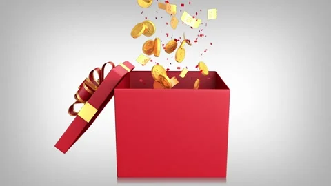Dynamic video of red gift box and gold coins Stock Footage 254063306