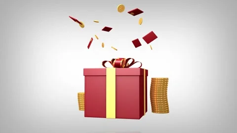 Dynamic video of red gift box and gold coins Stock Footage 254063431