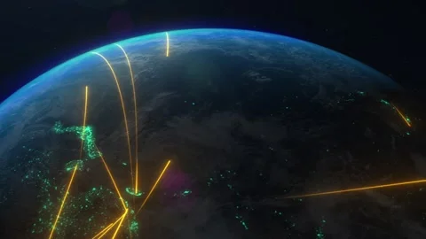 Dynamic view of Earth illuminated by glowing lines symbolizing data transfer  스톡 동영상 281599540