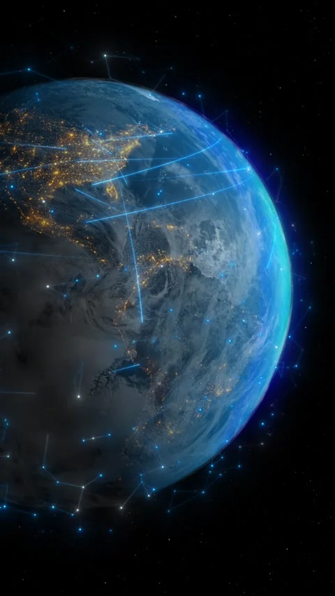 Dynamic view of Earth from space, illuminated city lights. Flowing lines Stock Footage 283461003