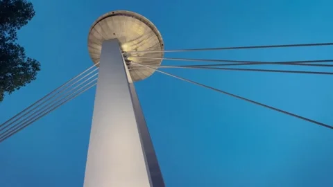 A dynamic view of a modern cable-stayed bridge, captured from below at dusk. 動画素材 299946443