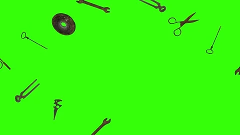 Dynamic vintage tool animation with assorted tools scattered in green background Video stock 334567849