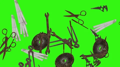 Dynamic vintage tool animation with assorted tools scattered in green background Stockbeeldmateriaal 334567927