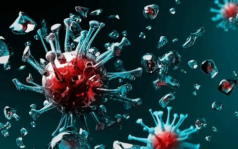 Dynamic virus cells with water splashes on dark background. Novel coronavirus Stock Illustration