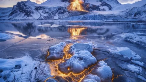Dynamic vj loop screensaver showcasing vibrant lava flows over ice and snow.. Stock Footage 315146595
