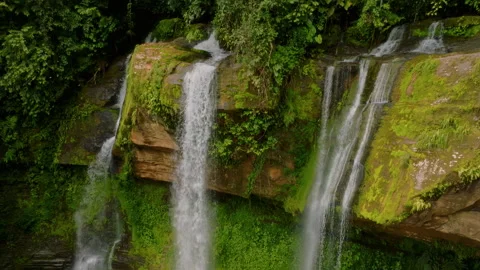 Dynamic Waterfall Cascading Over Mossy Rocks In Lush Rainforest Environment 库存影片 336032819