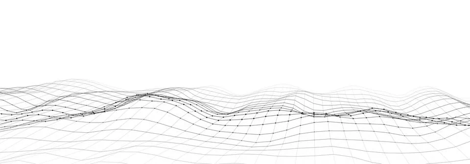 Dynamic wave with connected dots and lines on a white background. Digital wav Illustrazione stock