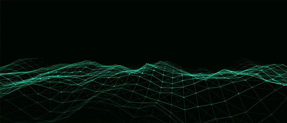 Dynamic wave with connected dots and lines on dark background. Digital wave b Stock Illustration