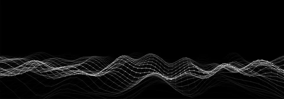Dynamic wave with connected dots and lines on dark background. Digital wave.. Illustrazione stock