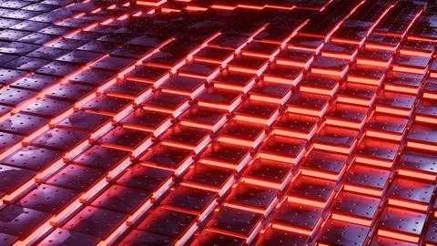 Dynamic wave of pulsating red and blue cubes, effect of movement and energy Stock Photos