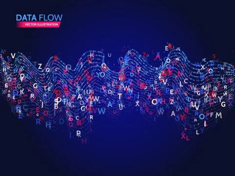 Dynamic waves technology concept. Abstract data flow background with letters  Stockillustratie