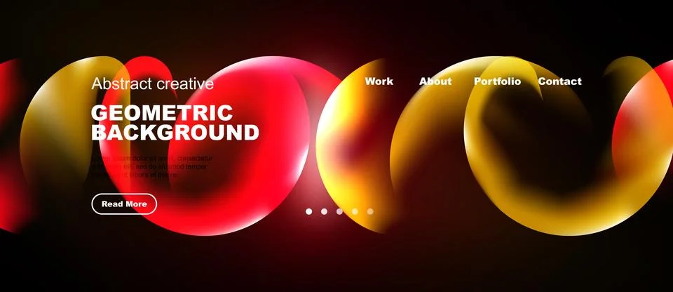 Dynamic website header features vibrant red, yellow shapes. Navigation includ Ilustração Stock
