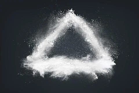 Dynamic White Powder Particles Explosion Forming Triangular Shape on Dark B.. Foto stock