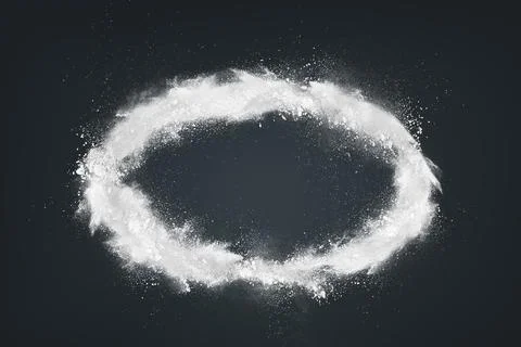 Dynamic White Powder Particles Explosion Forming Circle Shape on Dark Backg.. 库存照片