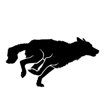 Dynamic Wolf Silhouette in Full Sprint – Black and White Illustration Illustrazione stock