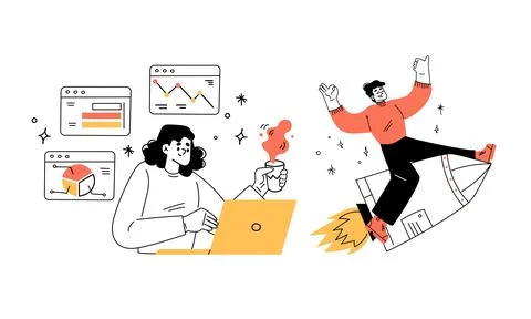 Dynamic Work Environment Integrating Futuristic Elements and Advanced Data Stock Illustration