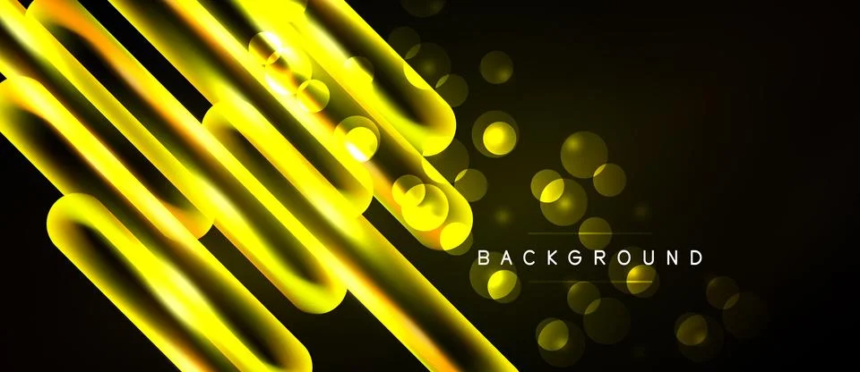 Dynamic yellow lines, bubbles float across dark background. Modern design e.. Stock Illustration