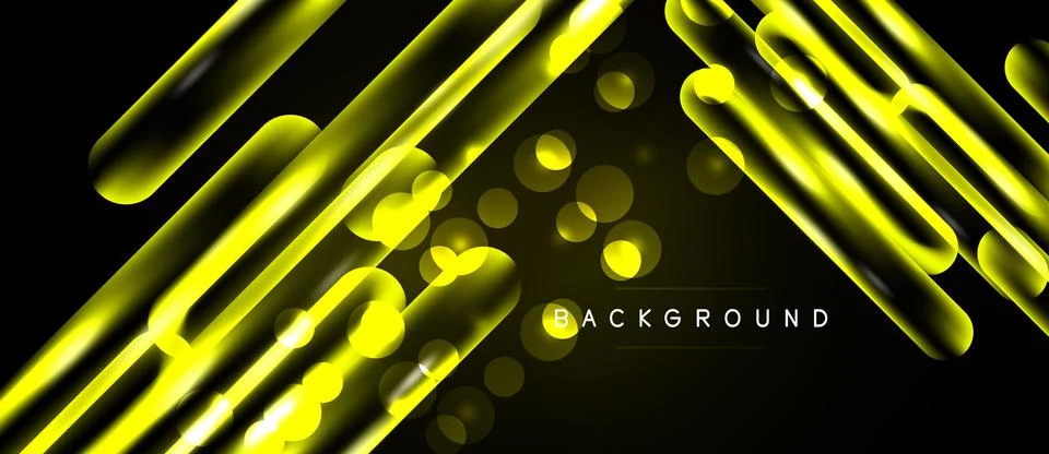 Dynamic yellow lines, circles over black background. Modern abstract design, Illustrazione stock