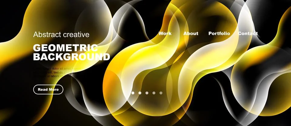 Dynamic yellow, orange waves over black backdrop. Website navigation present. Ilustração Stock