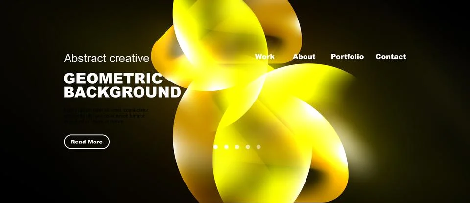 Dynamic yellow shapes over dark backdrop. Website header includes navigation Stock Illustration