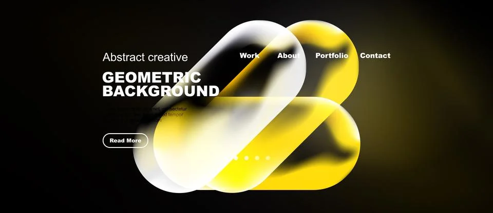 Dynamic yellow shapes over dark backdrop. Website header includes navigation Stock Illustration
