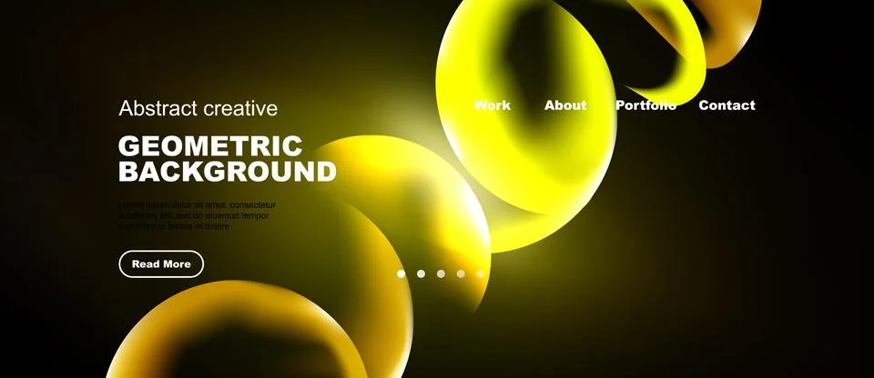 Dynamic yellow shapes over dark background. Website header with navigation Stock Illustration