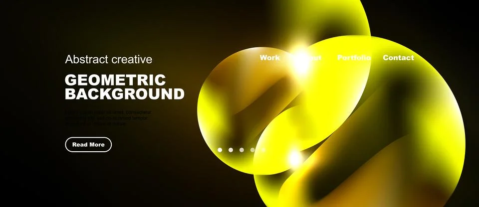 Dynamic yellow shapes over dark background. Website header with navigation Stock Illustration