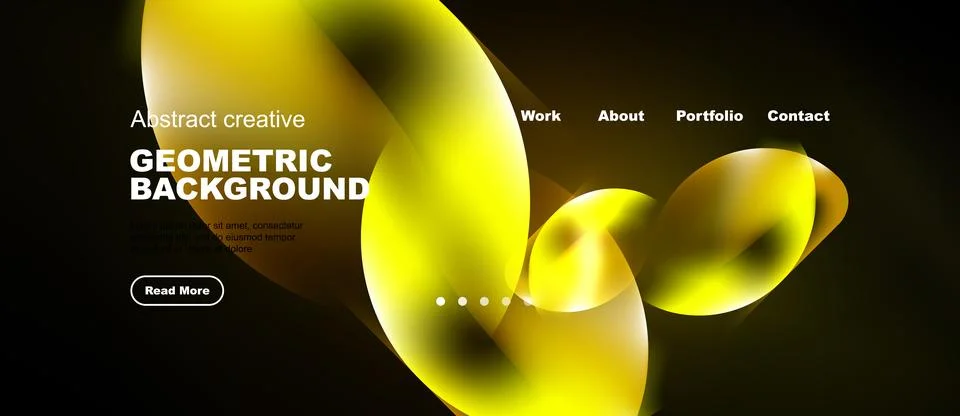 Dynamic yellow shapes over dark backdrop. Website header includes navigation Stock Illustration