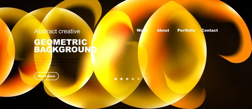 Dynamic yellow shapes overlap black background. Website header includes Illustrazione stock