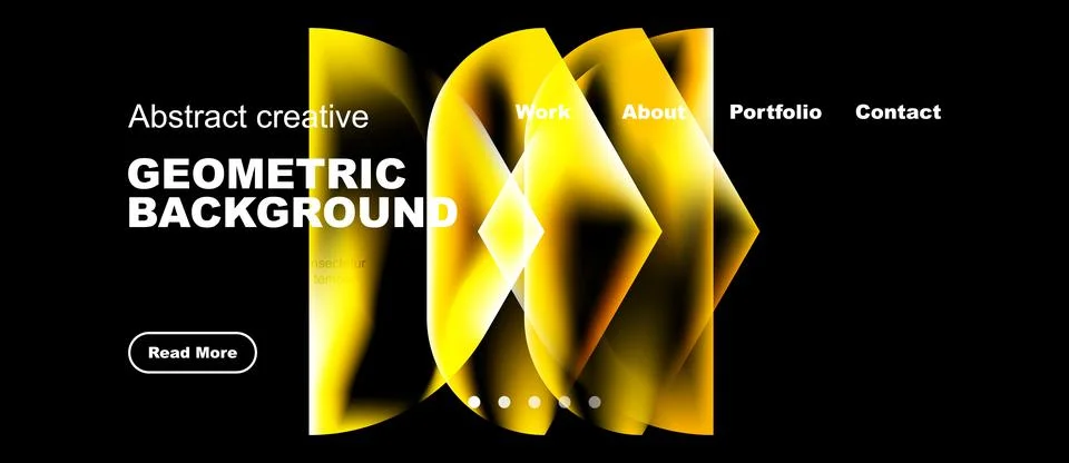 Dynamic yellow shapes overlap black background. Website navigation includes.. Stock-Illustration