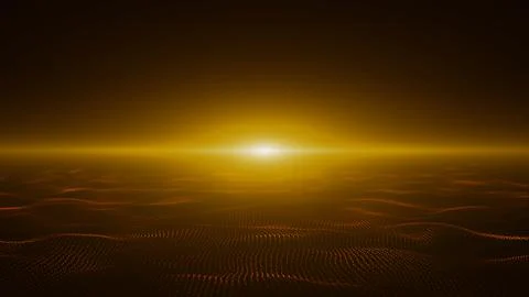Dynamic yellow wave of glowing particles with shiny golden sunset. Abstract d Stock Illustration