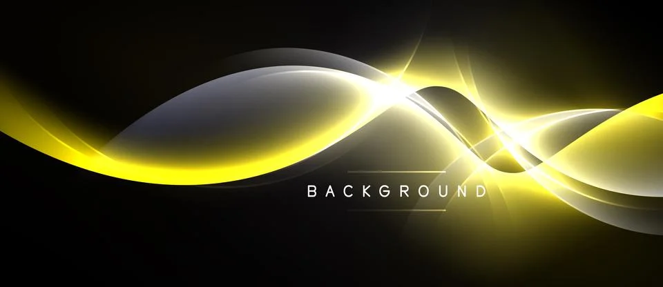 Dynamic yellow waves over dark backdrop. Bright light flares create modern Stock Illustration