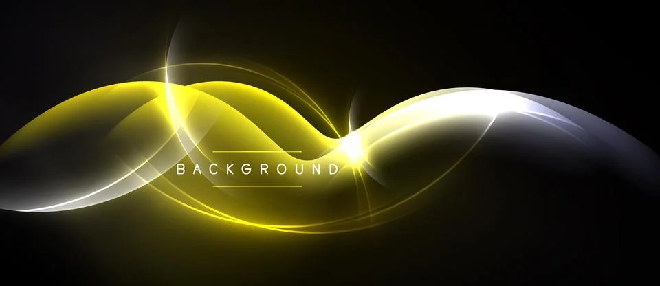 Dynamic yellow, white light waves over black background. Smooth curves create Stockillustratie