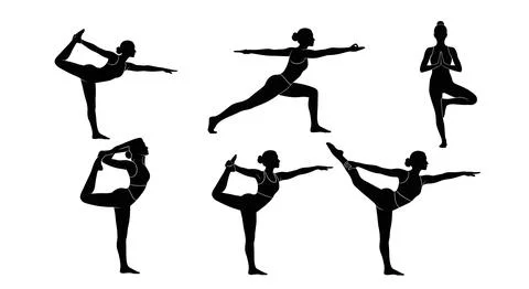 Dynamic Yoga Balance Poses like Half Moon Silhouette Set Stock Illustration